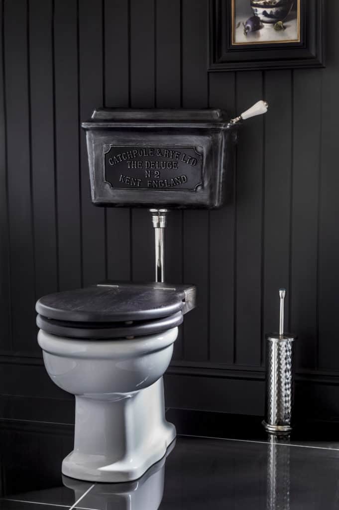 RS4883_LOW_LEVEL_DELUGE_CISTERN_BURNISHED_WITH_EMPRESS_WC_PAN_EBONISED_ROUND_SEAT_BLACK_BACKGROUND