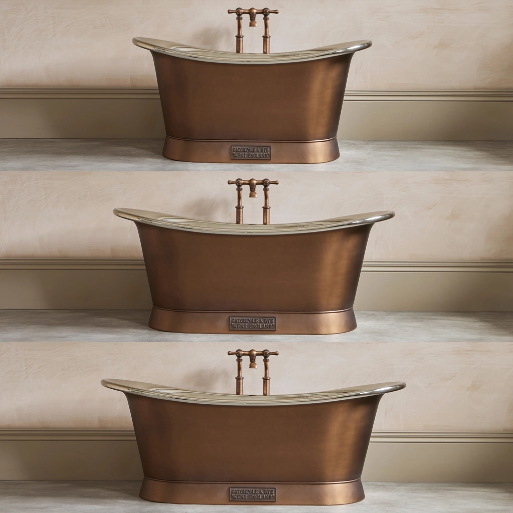 Freestanding Weathered Traditional Copper Bath with bath filler on standpipes