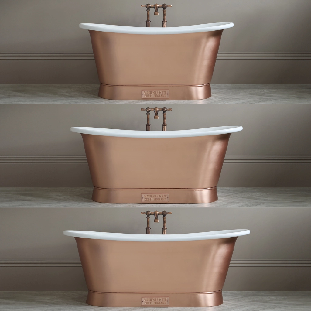 Freestanding Weathered Traditional Copper Bath with bath filler on standpipes