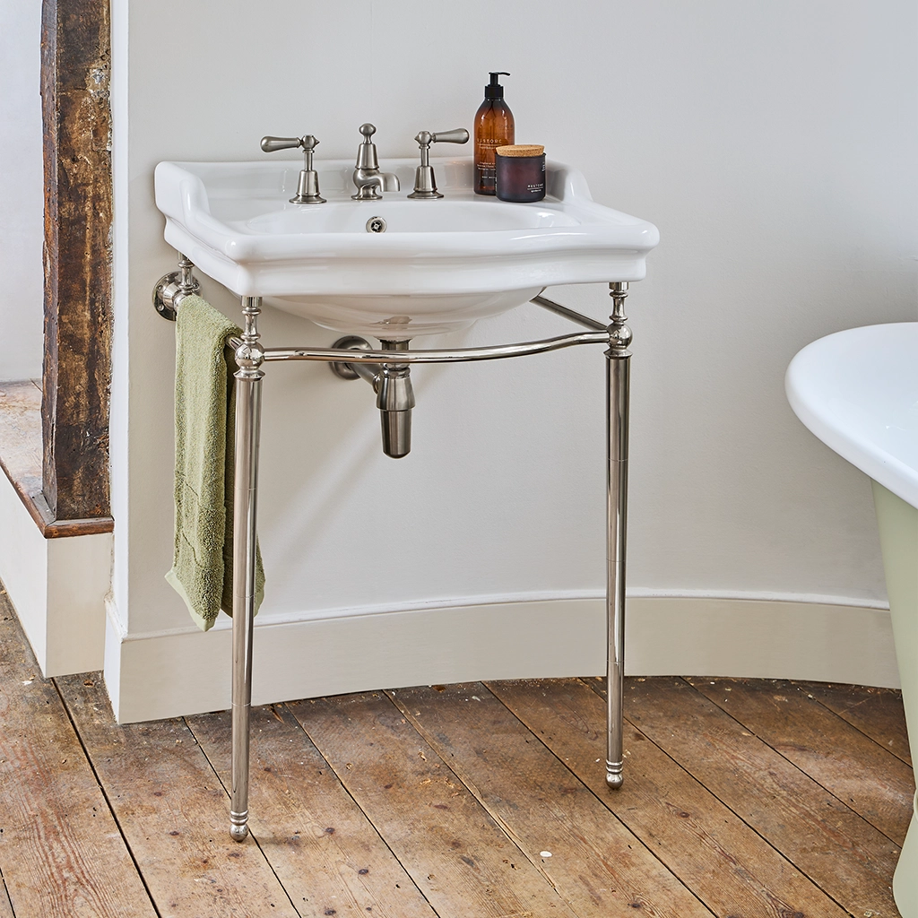 Ceramic freestanding basin available in a number of brassware finishes