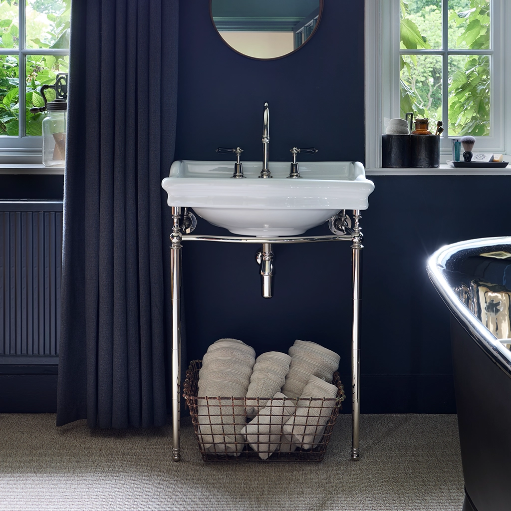 Ceramic freestanding basin available in a number of brassware finishes