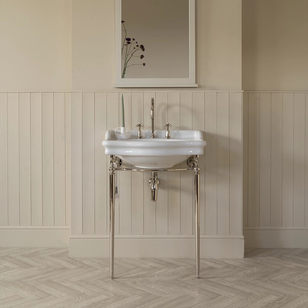 Ceramic freestanding basin available in a number of brassware finishes