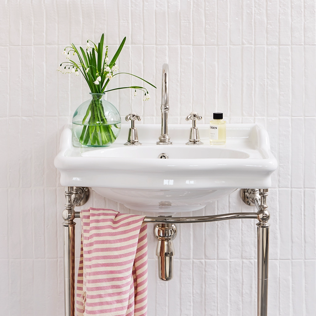 Ceramic freestanding basin available in a number of brassware finishes