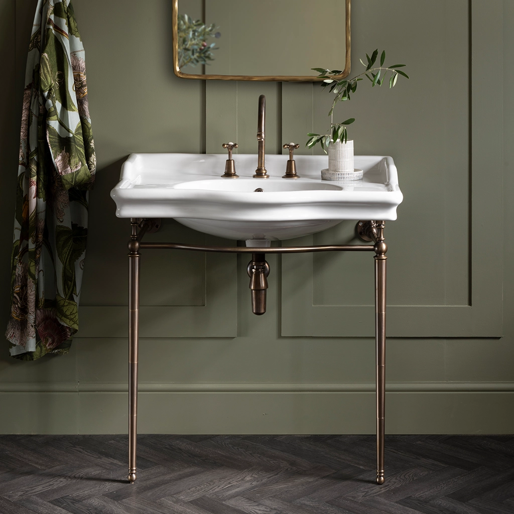 Ceramic freestanding basin available in a number of brassware finishes
