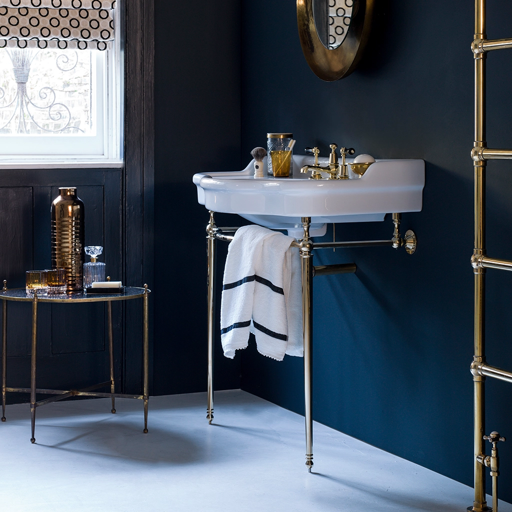 Ceramic freestanding basin available in a number of brassware finishes