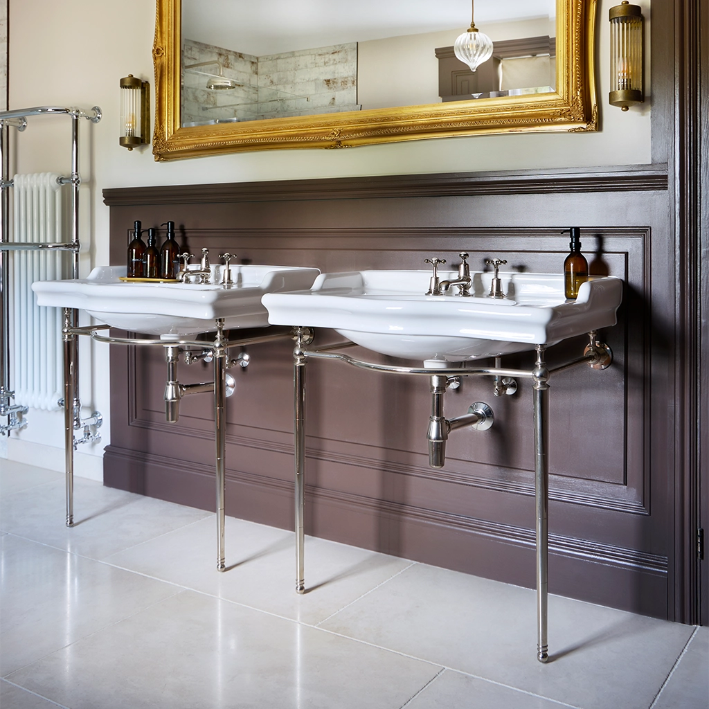 Ceramic freestanding basin available in a number of brassware finishes