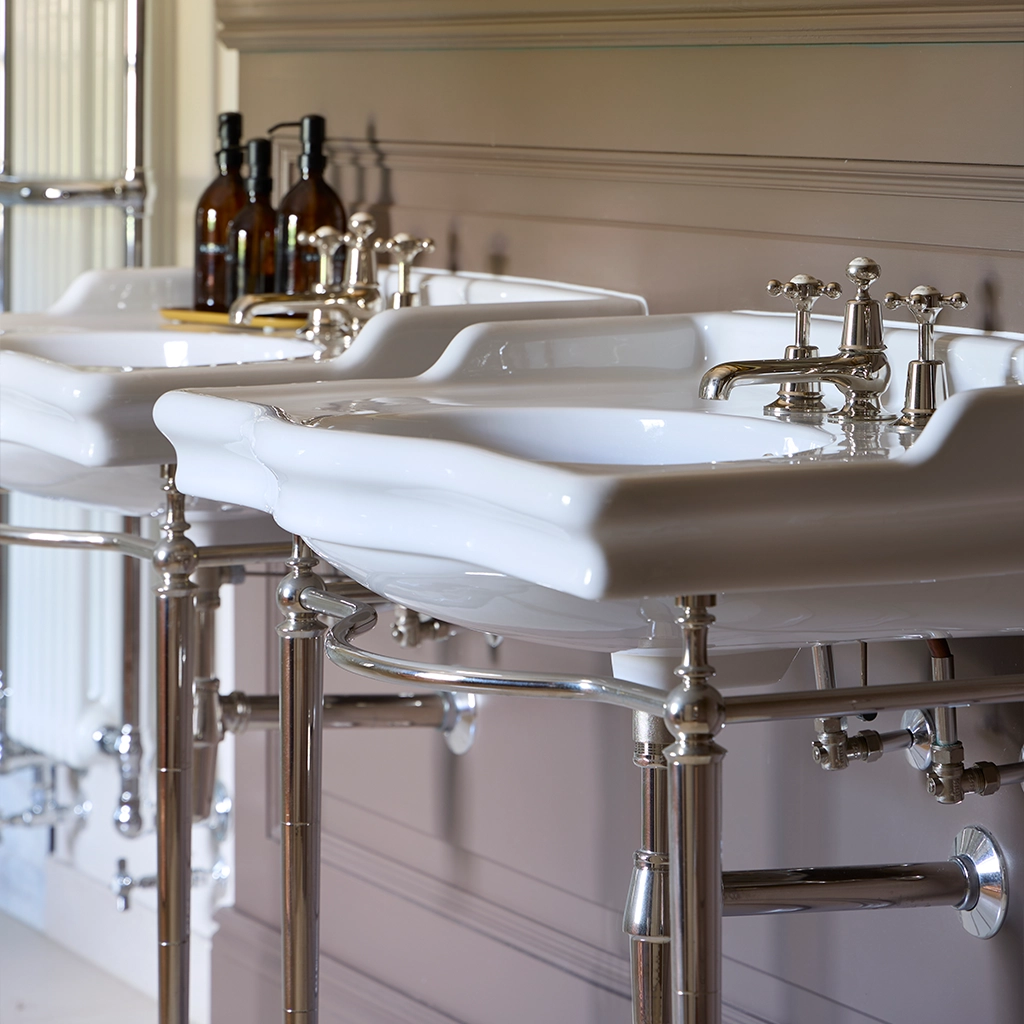 Ceramic freestanding basin available in a number of brassware finishes