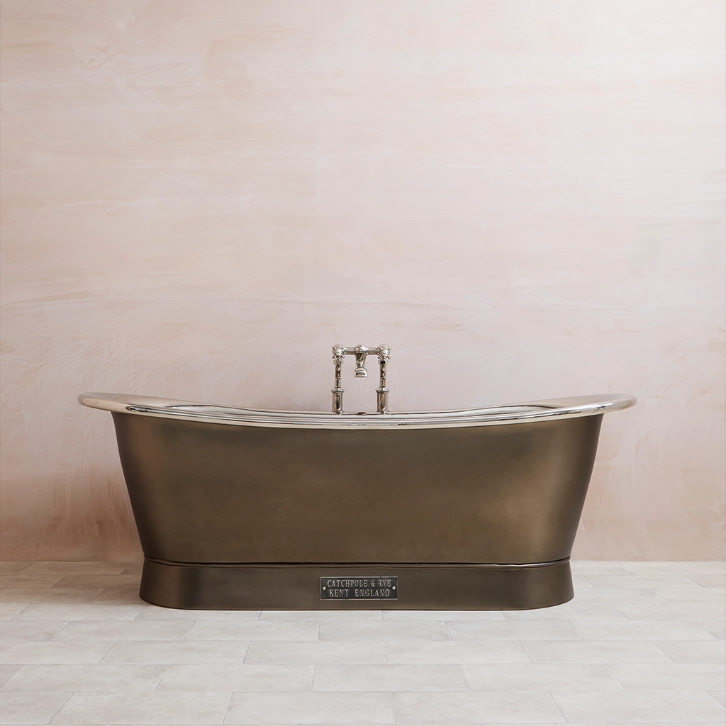 Freestanding Nickel Bath Traditional roll top with bath filler on standpipes