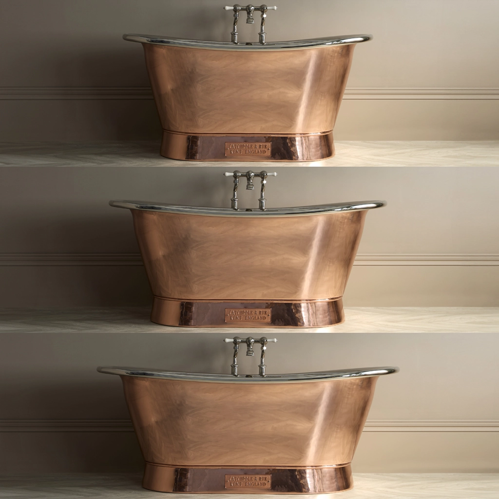 Freestanding Weathered Traditional Copper Bath with bath filler on standpipes