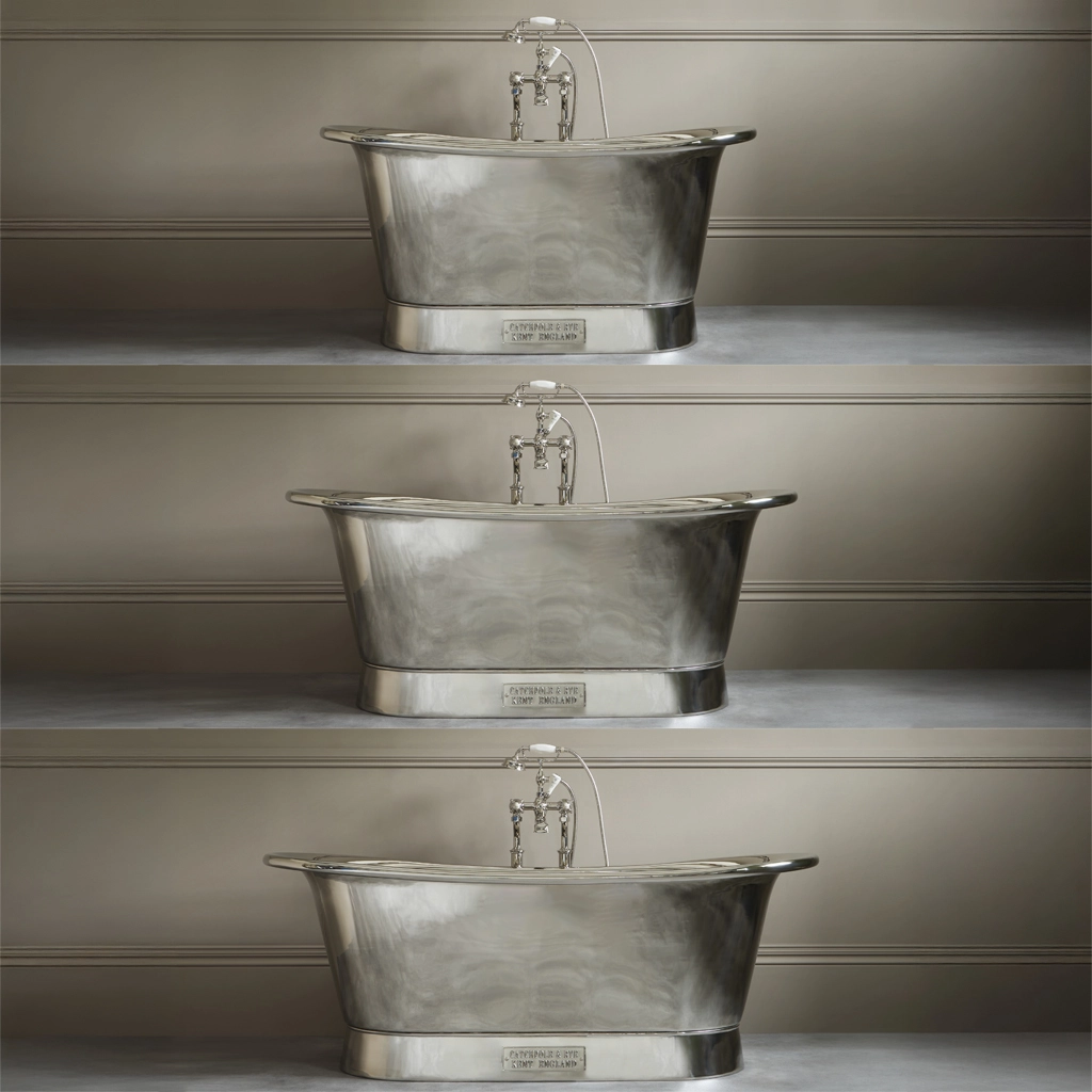 Freestanding Nickel Bath Traditional roll top with bath filler on standpipes