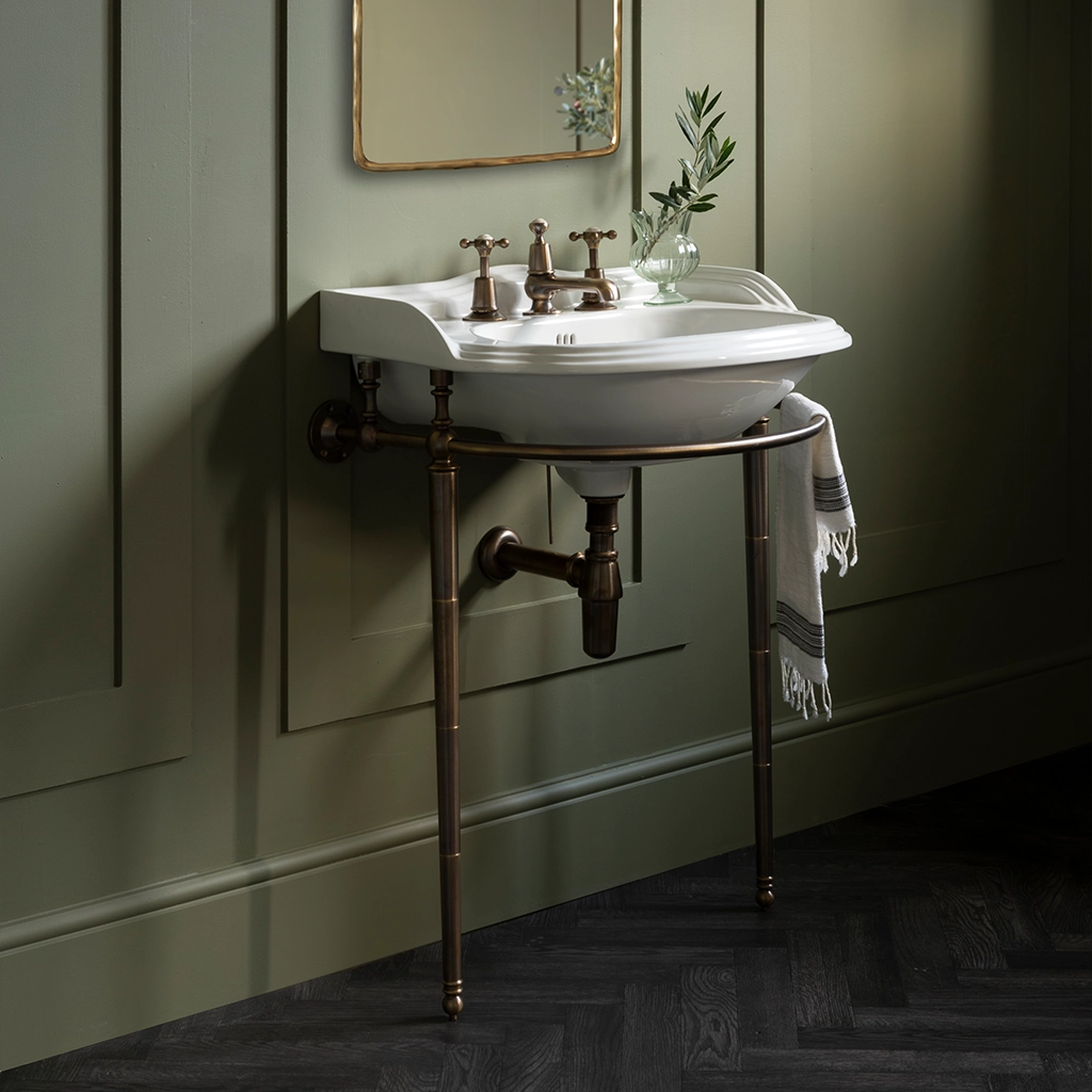 Ceramic freestanding basin available in a number of brassware finishes