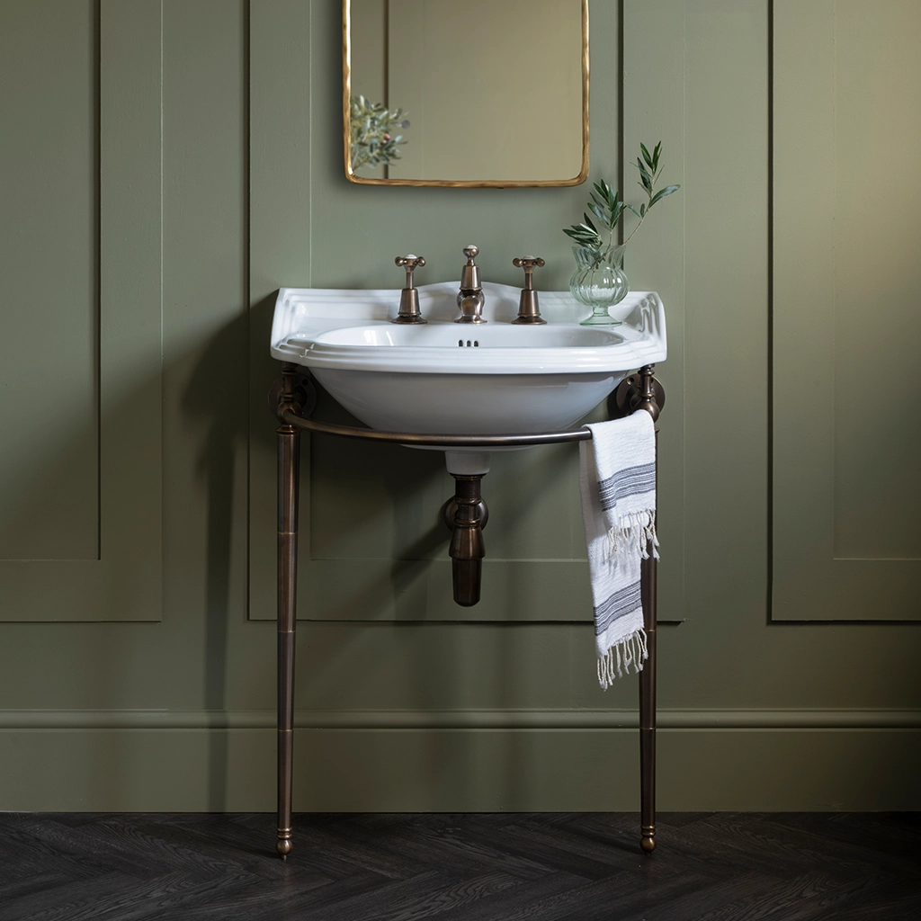 Ceramic freestanding basin available in a number of brassware finishes