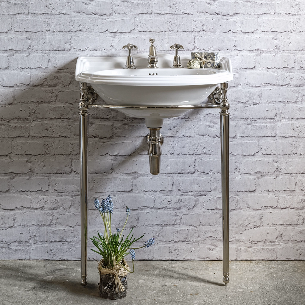 Ceramic freestanding basin available in a number of brassware finishes