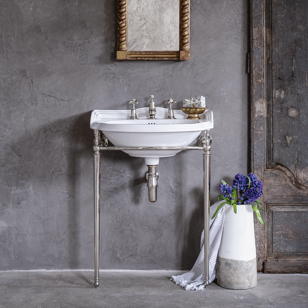 Ceramic freestanding basin available in a number of brassware finishes