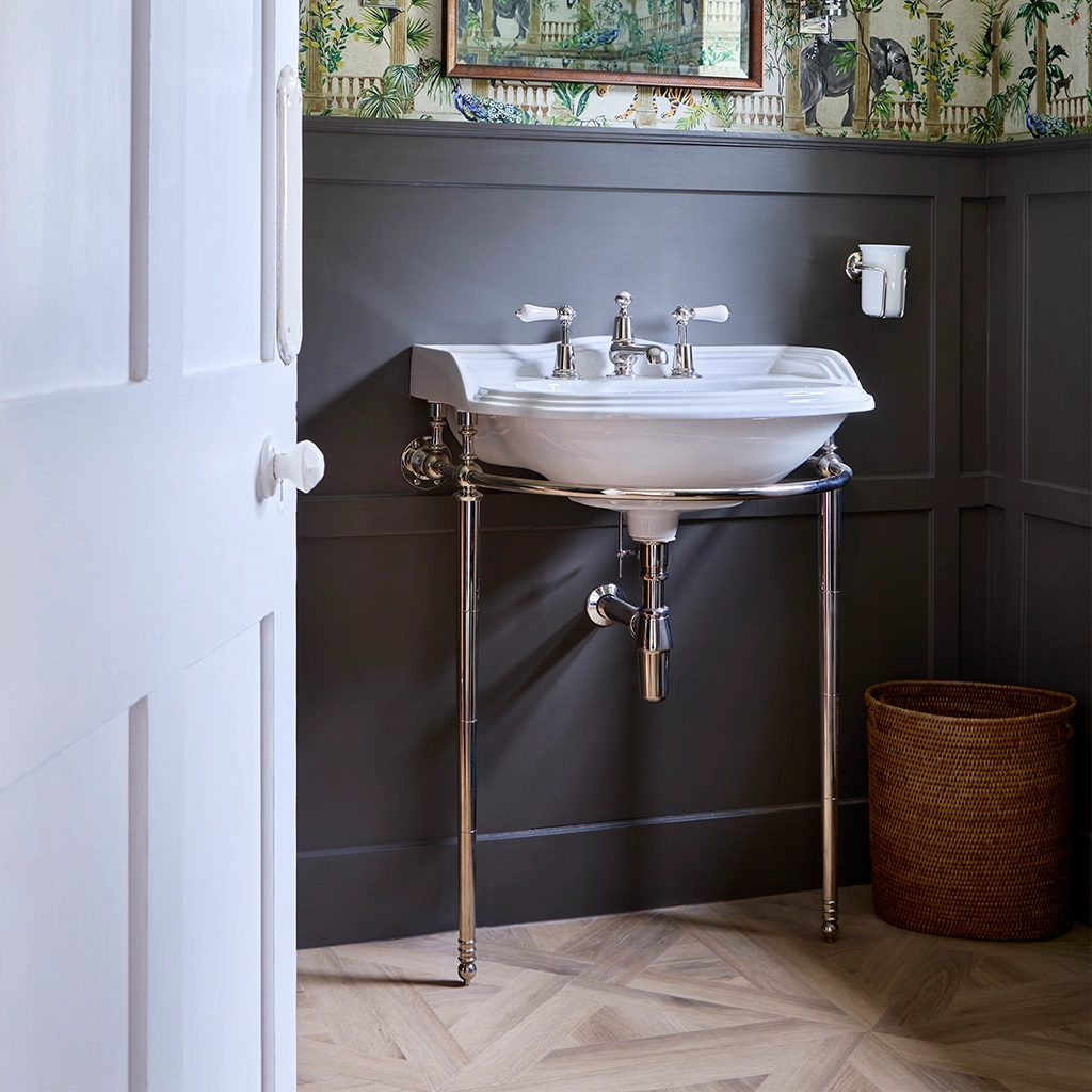 Ceramic freestanding basin available in a number of brassware finishes