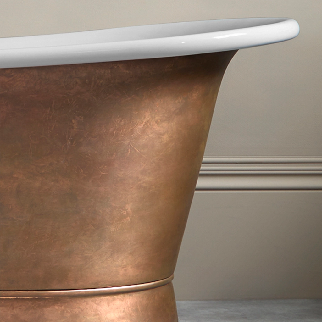Freestanding Weathered Traditional Copper Bath with bath filler on standpipes