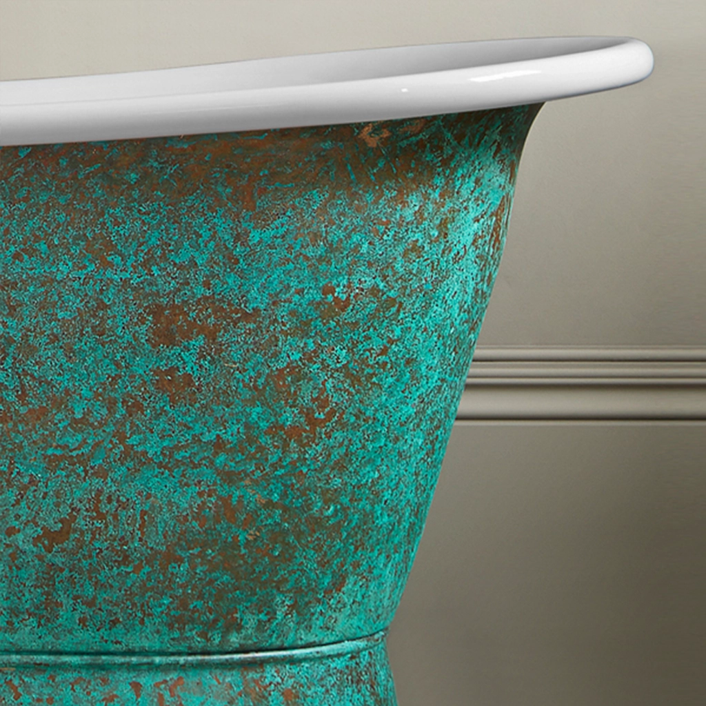 Freestanding Verdigris Copper Traditional Copper Bath with bath filler on standpipes