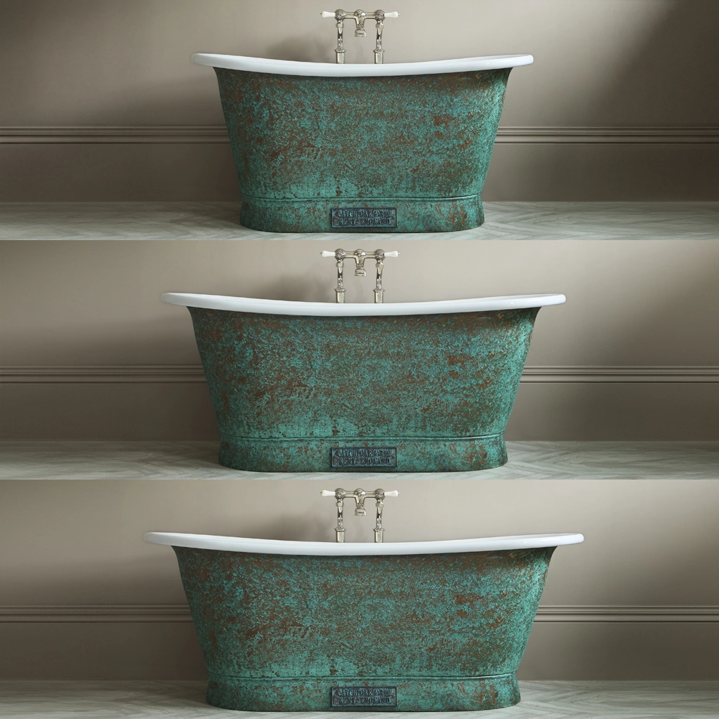 Freestanding Verdigris Copper Traditional Copper Bath with bath filler on standpipes