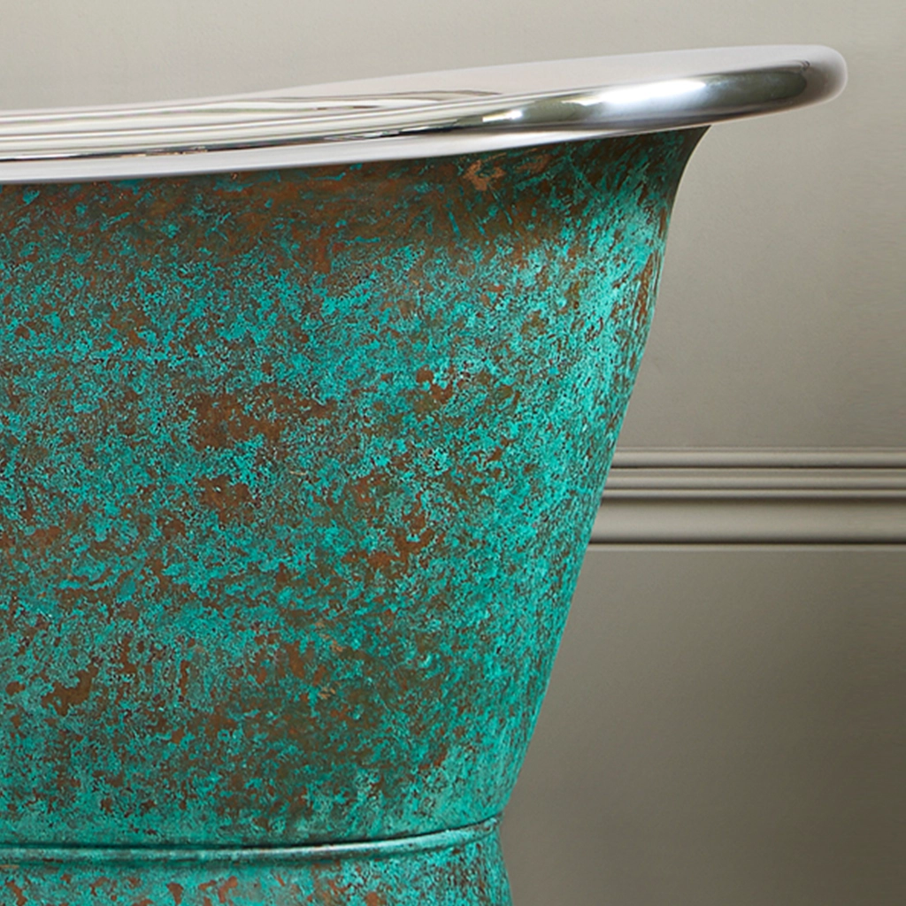 Freestanding Verdigris Copper Traditional Copper Bath with bath filler on standpipes