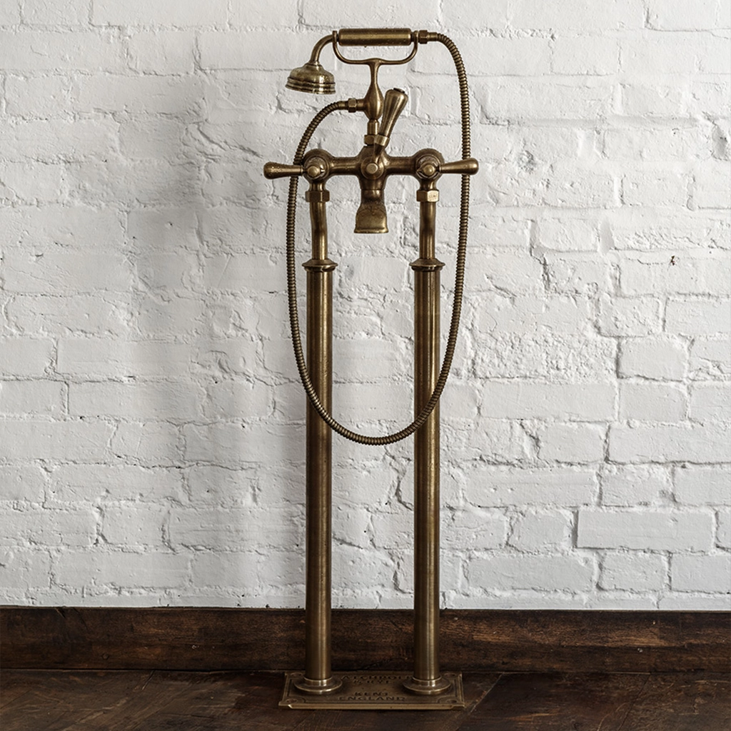 Freestanding brass bath shower mixer, with handshower. polished to a high sheen by hand at our Workshops in Kent