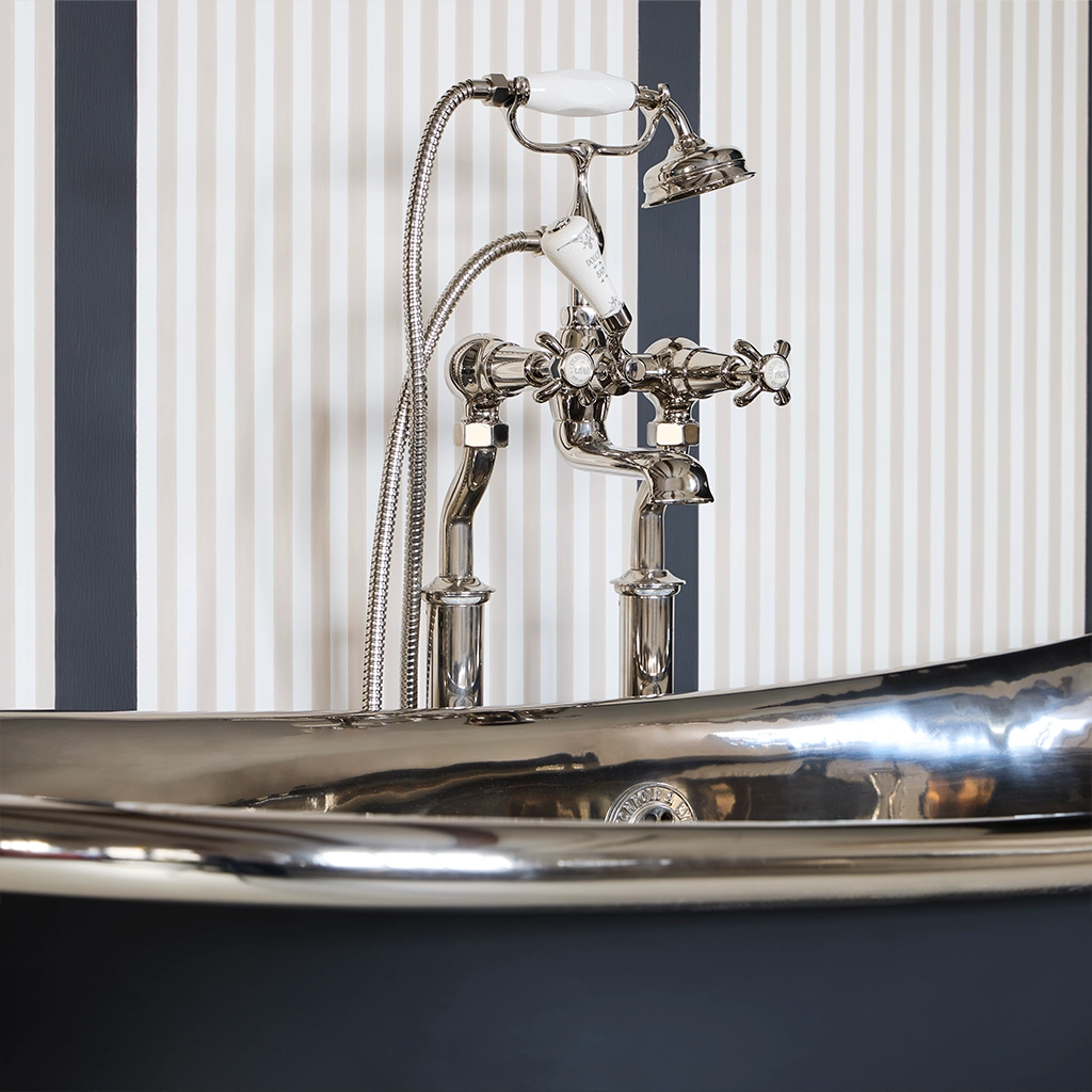 Freestanding brass bath shower mixer, with handshower. polished to a high sheen by hand at our Workshops in Kent