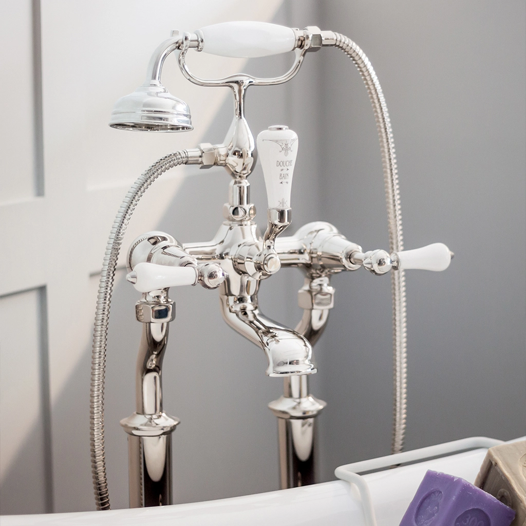 Freestanding brass bath shower mixer, with handshower. polished to a high sheen by hand at our Workshops in Kent