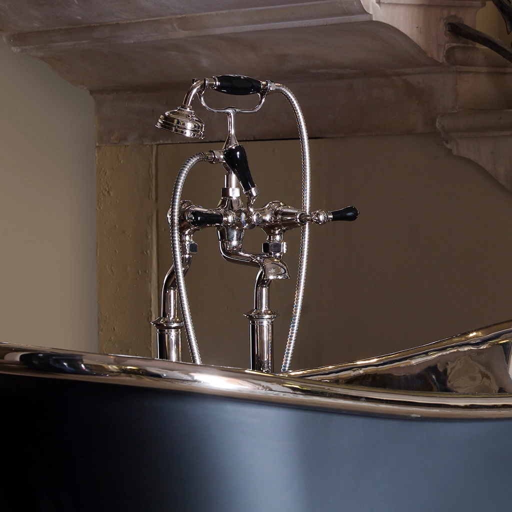 Freestanding brass bath shower mixer, with handshower. polished to a high sheen by hand at our Workshops in Kent