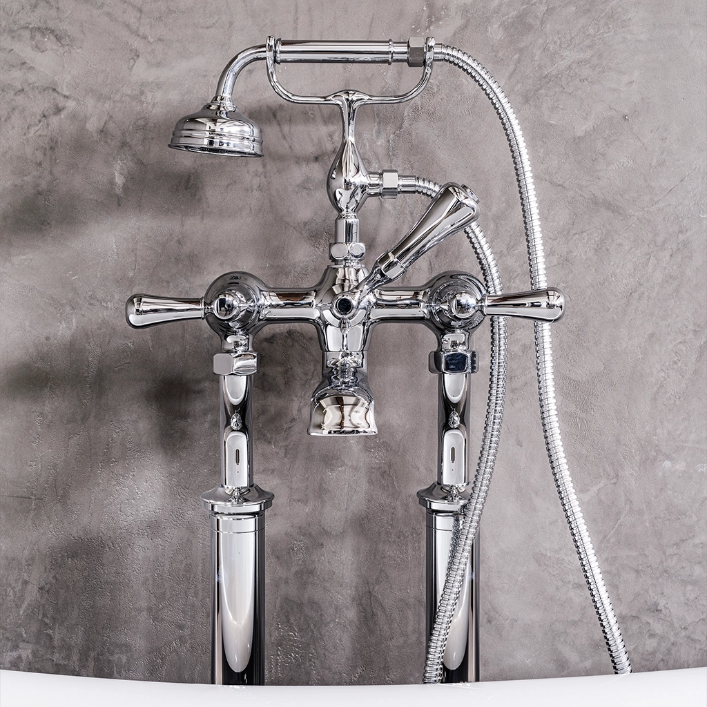 Freestanding brass bath shower mixer, with handshower. polished to a high sheen by hand at our Workshops in Kent