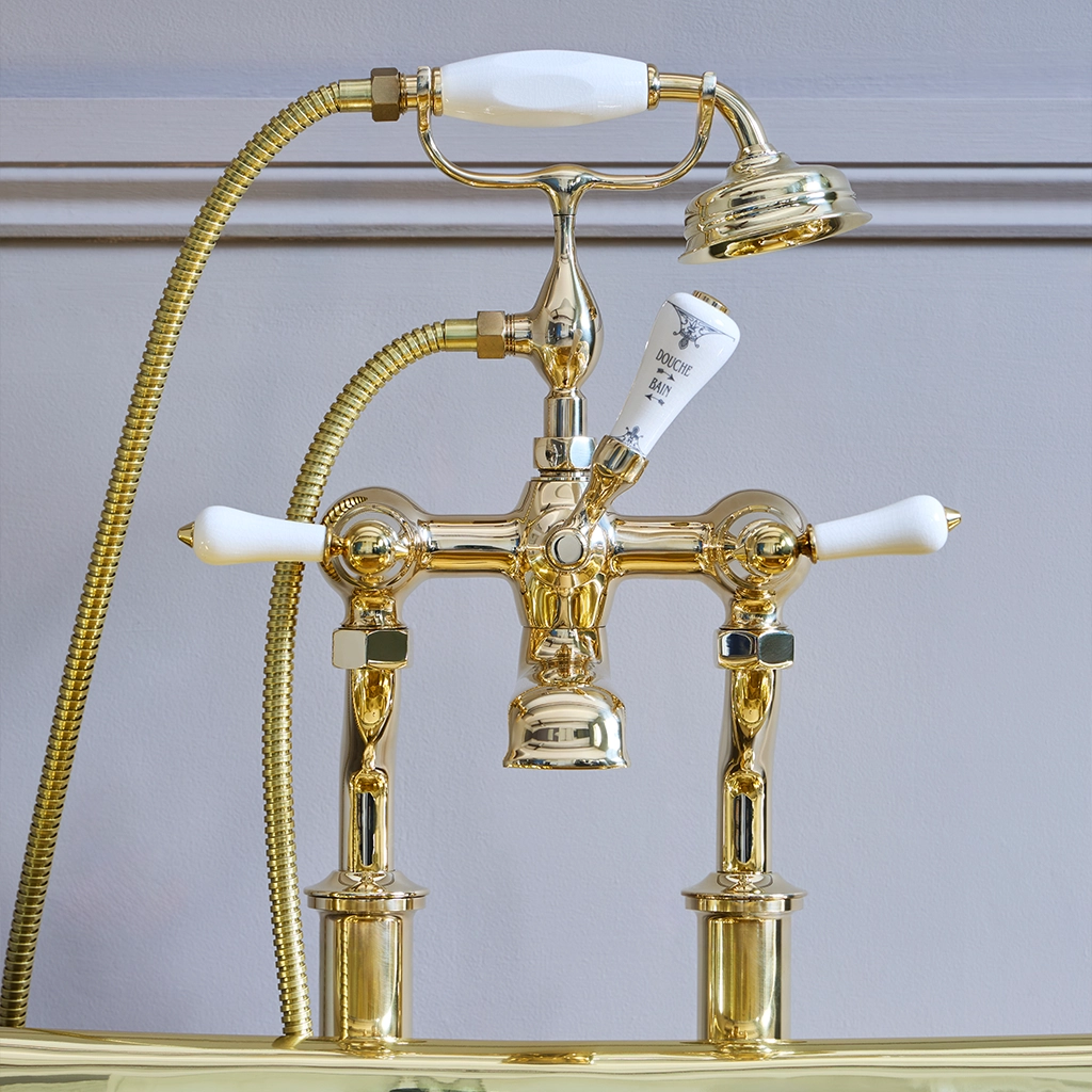 Freestanding brass bath shower mixer, with handshower. polished to a high sheen by hand at our Workshops in Kent