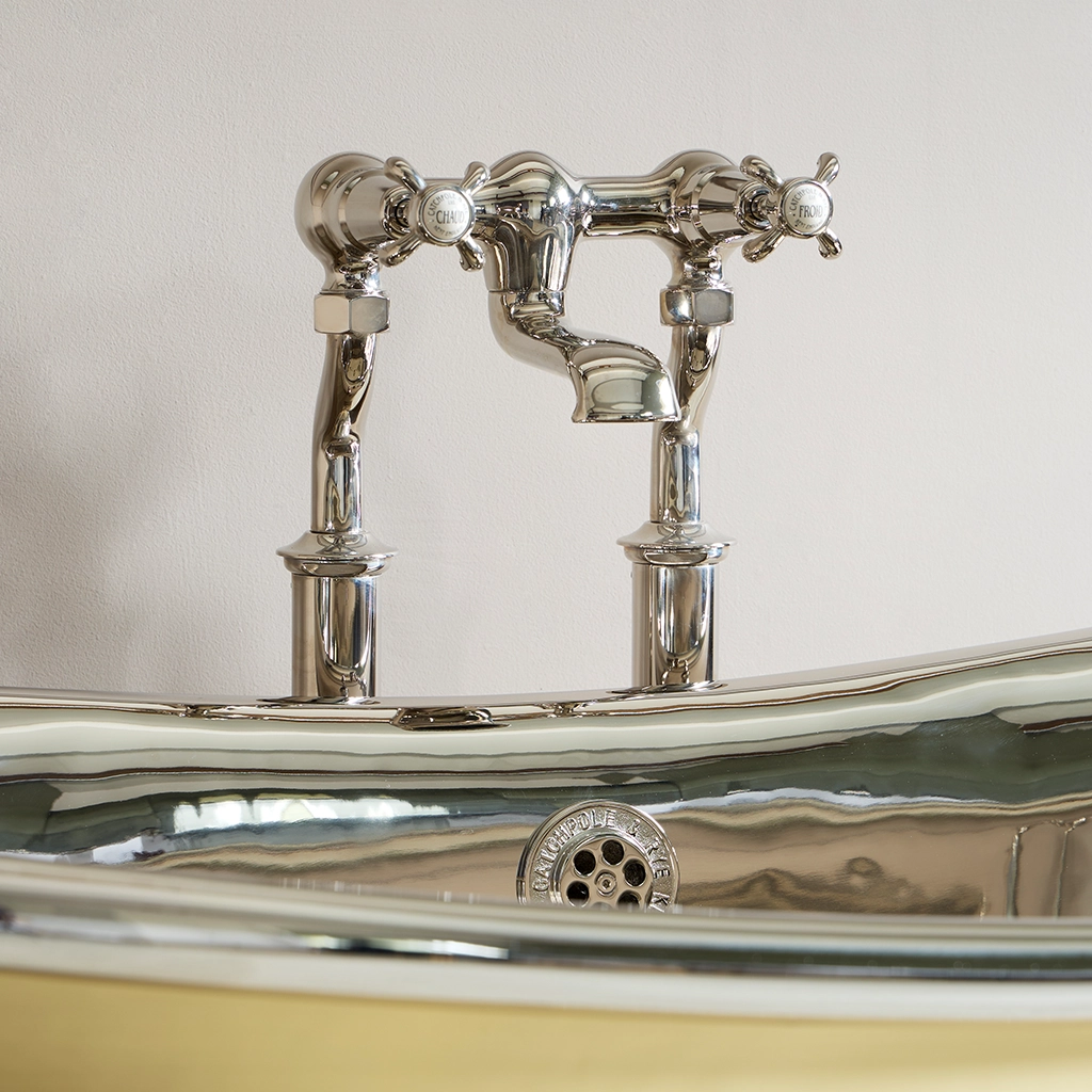 Freestanding brass bath shower mixer, with handshower. polished to a high sheen by hand at our Workshops in Kent