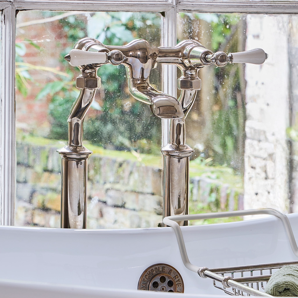 Freestanding brass bath shower mixer, with handshower. polished to a high sheen by hand at our Workshops in Kent