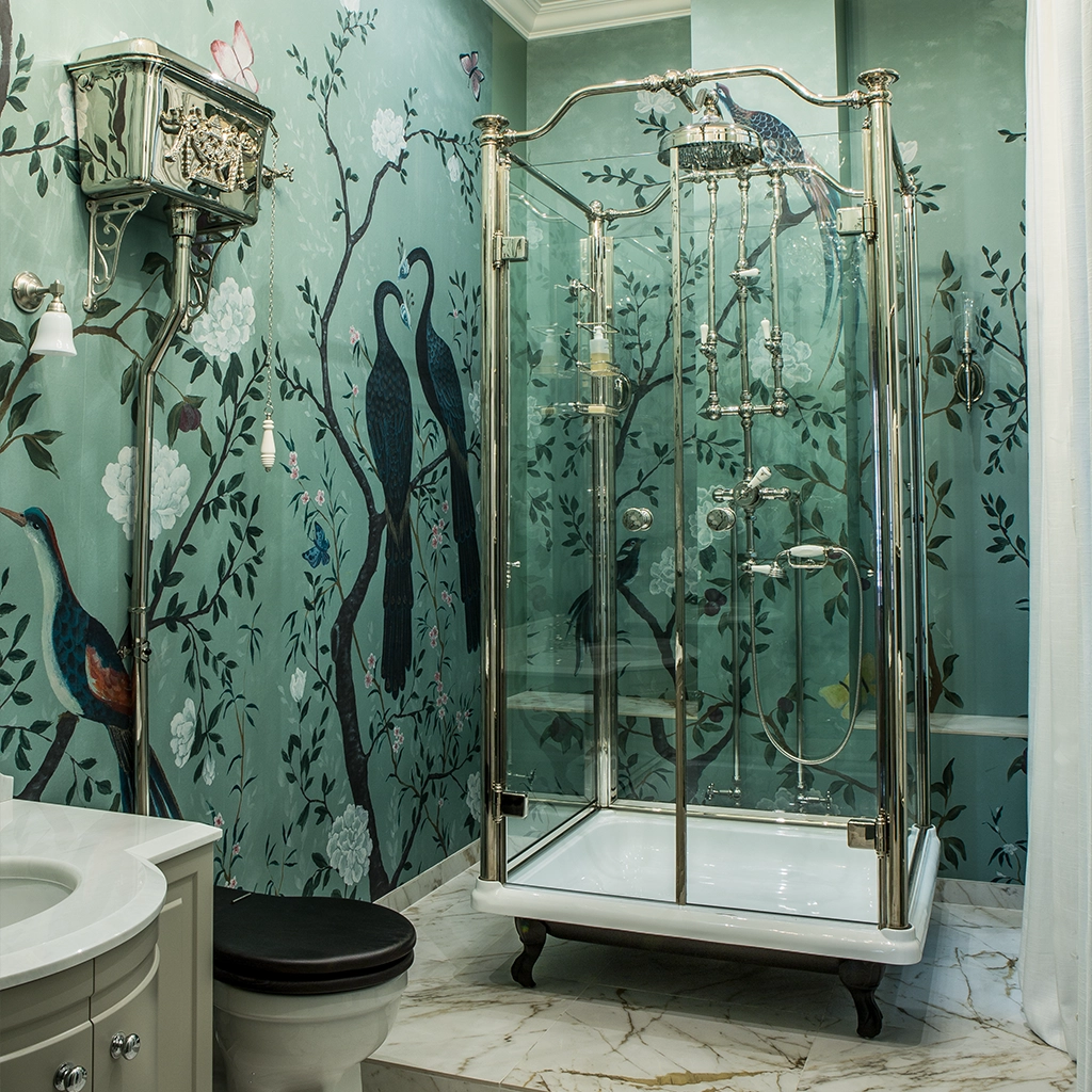 Luxury walk in shower. Freestanding glass enclosure and cast metal tray. Traditional freestanding shower