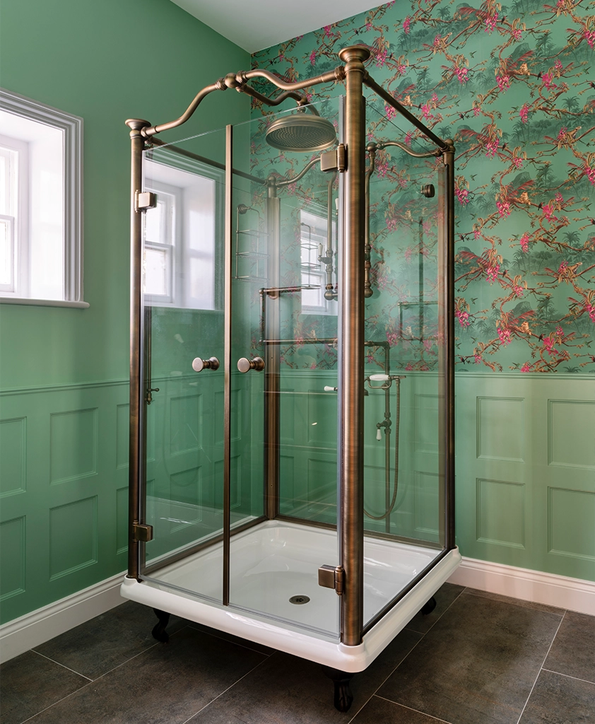 Luxury walk in shower. Freestanding glass enclosure and cast metal tray. Traditional freestanding shower