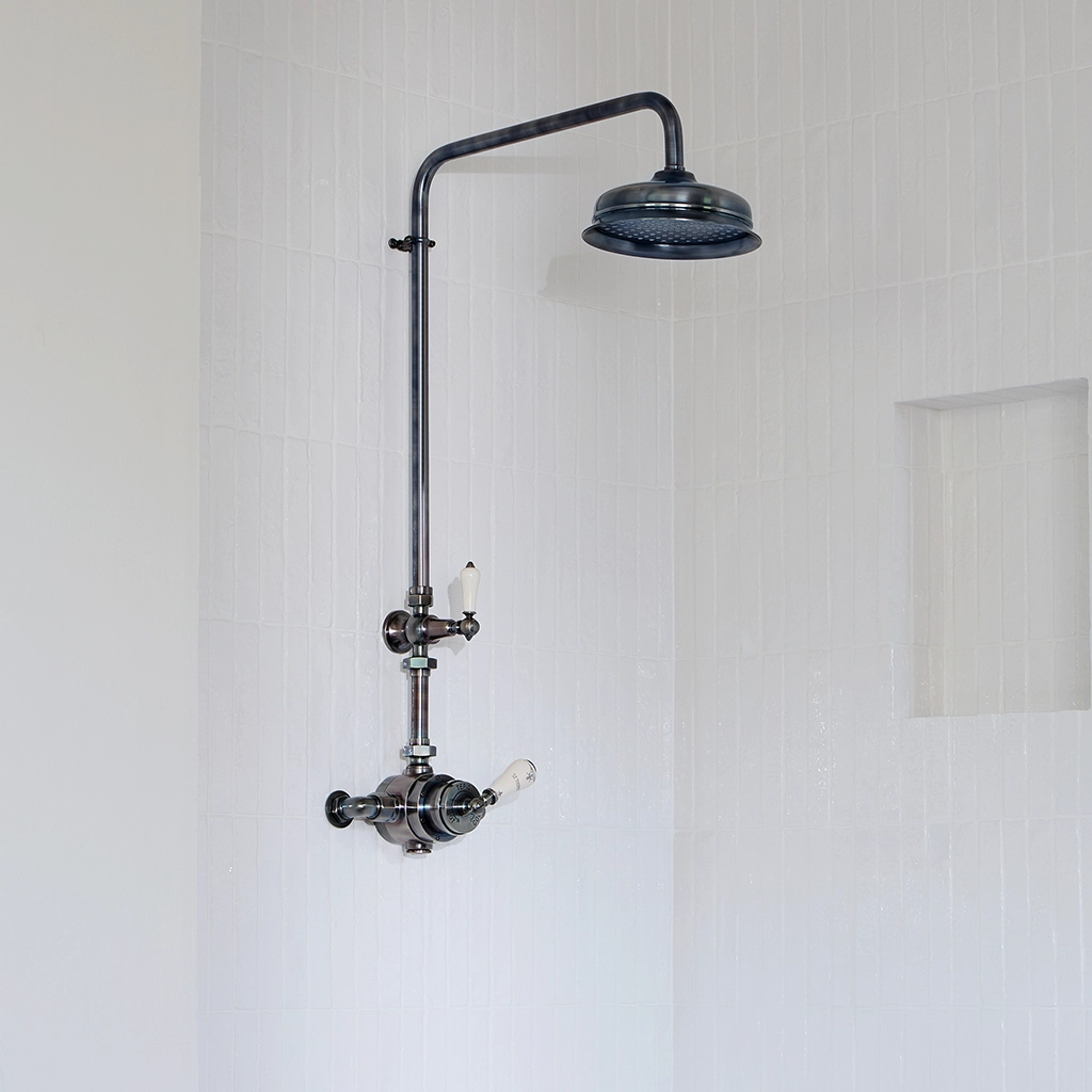 thermostatic exposed shower and thermostatic concealed shower available in a number of brassware finishes