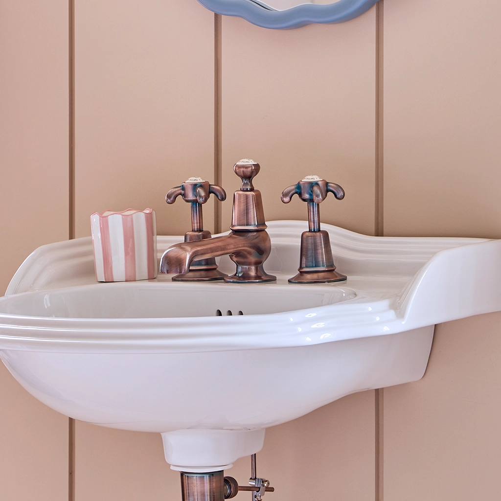 The Three Hole Basin Mixer is available in two bathroom mixer tap designs, the wall-mounted option and the standard deck-mounted version.