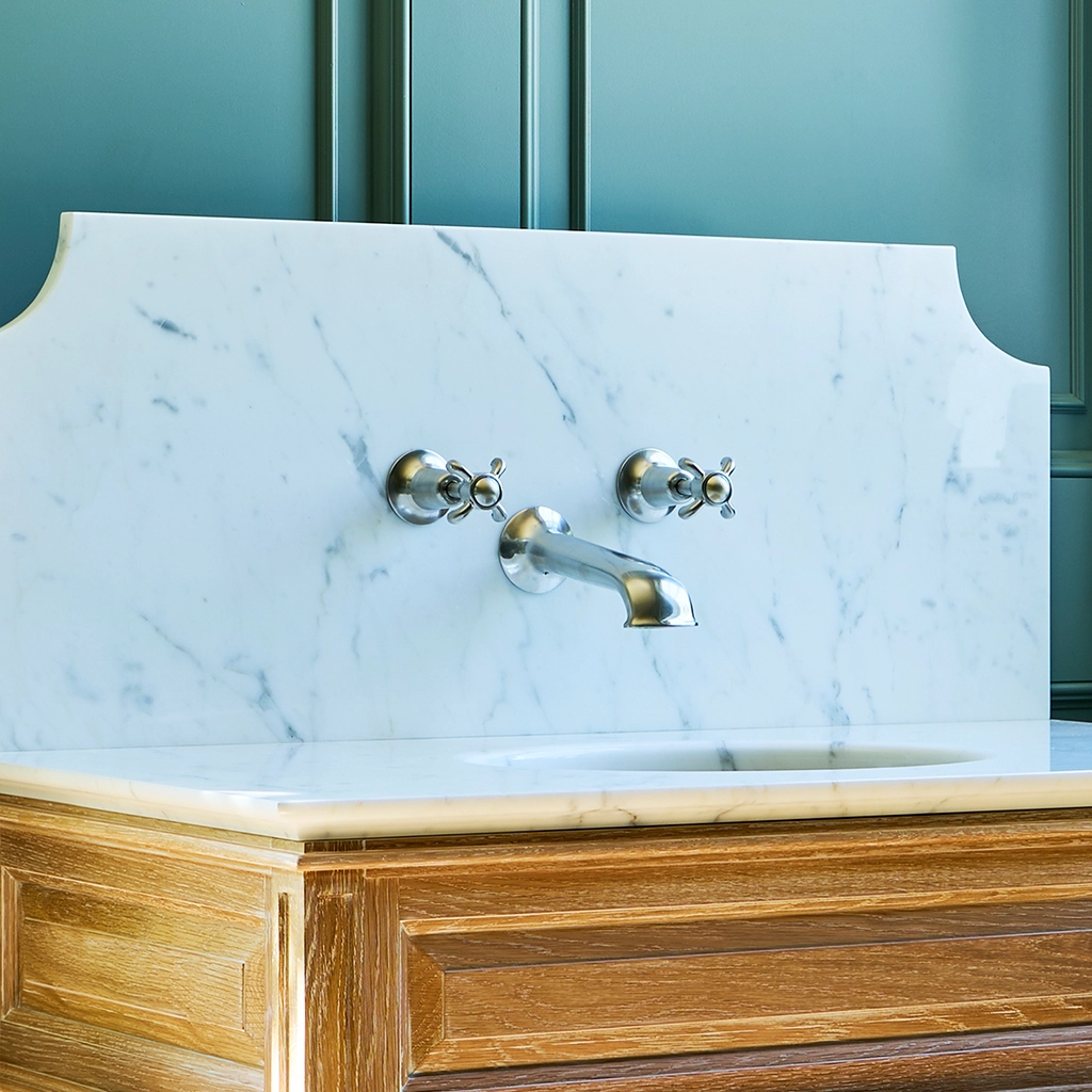 The Three Hole Basin Mixer is available in two bathroom mixer tap designs, the wall-mounted option and the standard deck-mounted version.