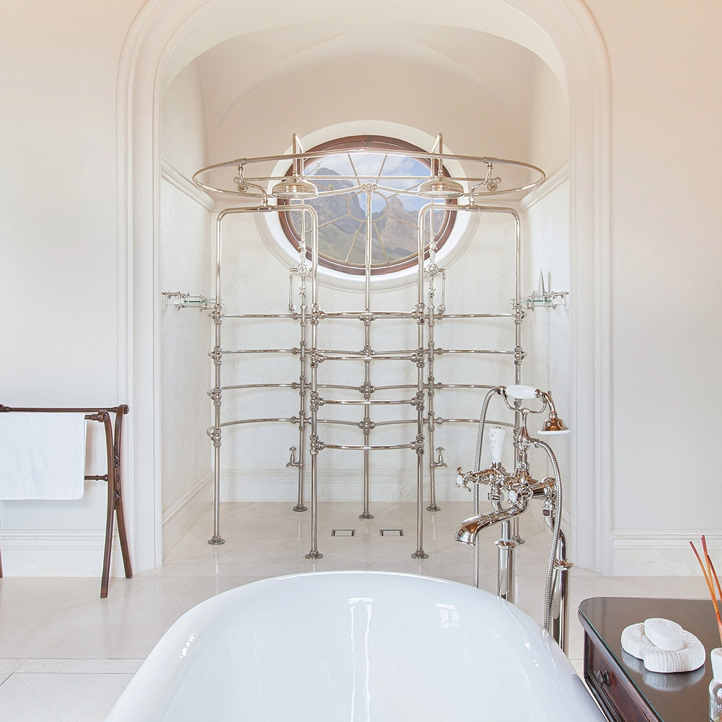 Freestanding luxury thermostatic shower available in a number of brassware finishes