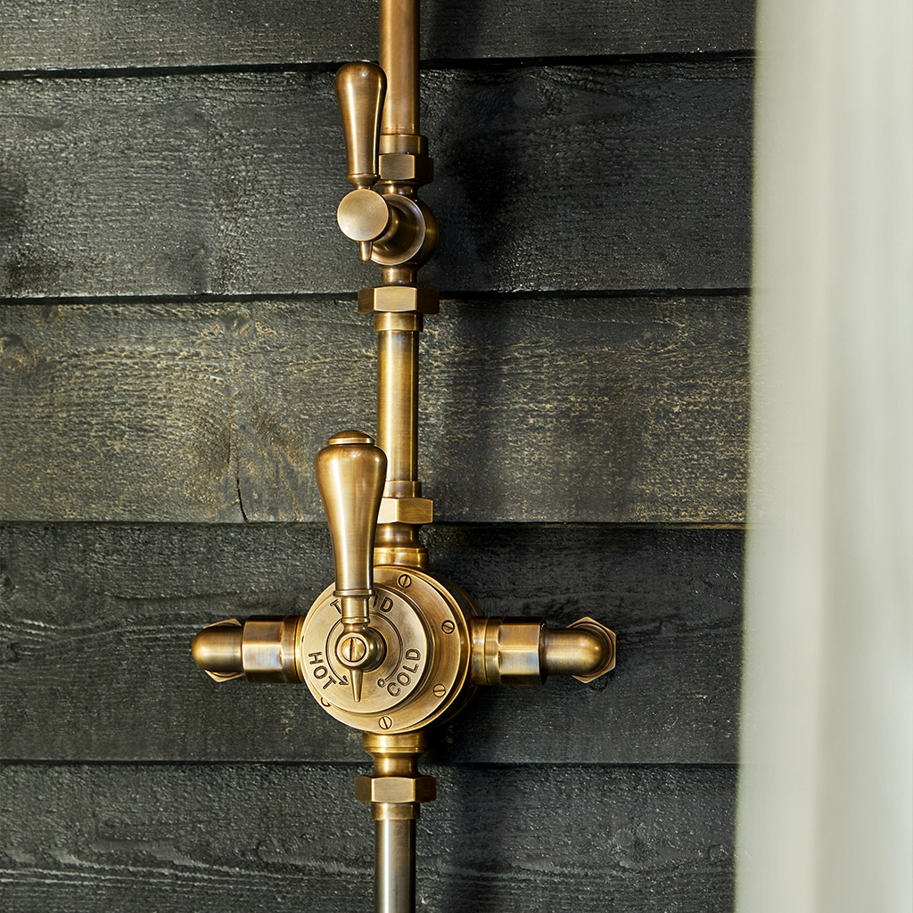 thermostatic exposed shower and thermostatic concealed shower available in a number of brassware finishes