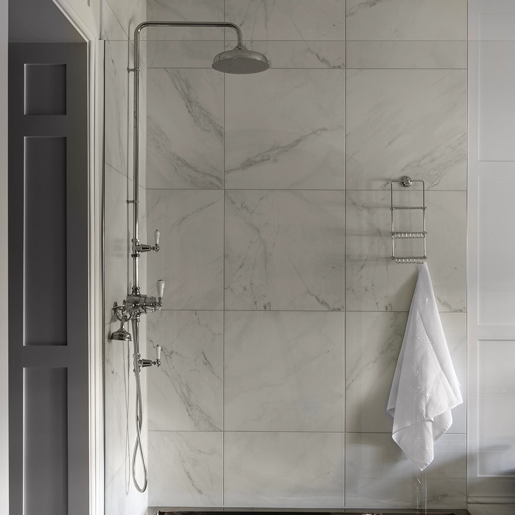 thermostatic exposed shower and thermostatic concealed shower available in a number of brassware finishes