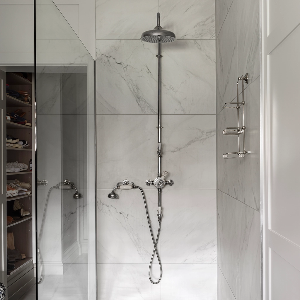 thermostatic exposed shower and thermostatic concealed shower available in a number of brassware finishes