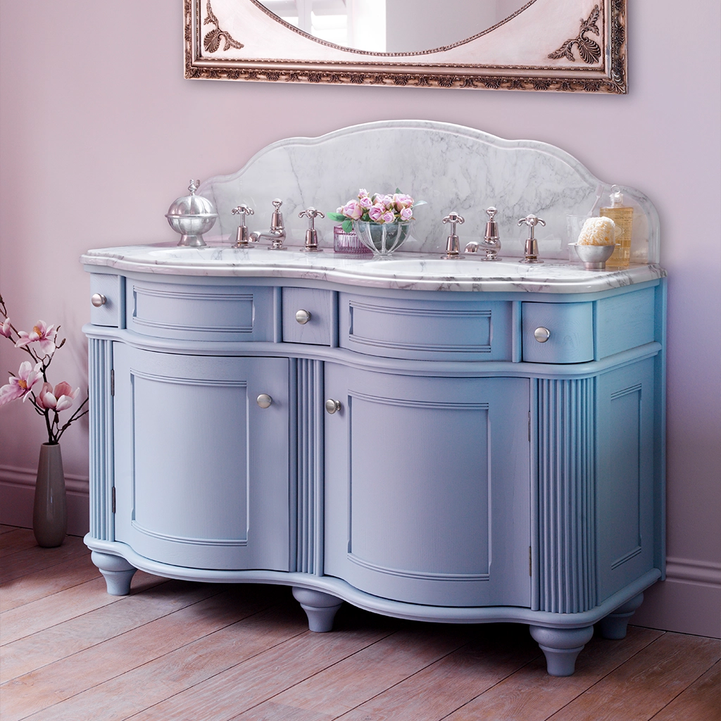 Double wooden vanity unit with amble bathroom storage and marble splashback