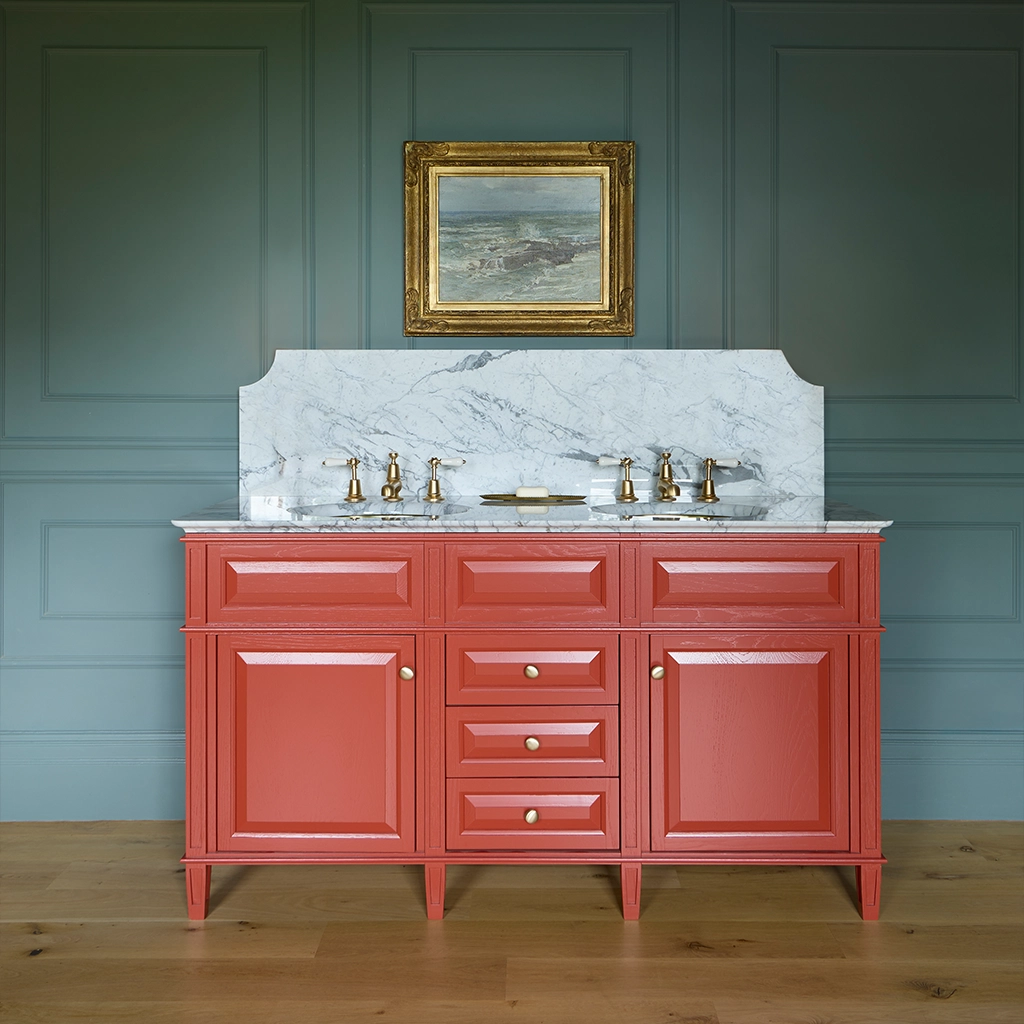 Double wooden vanity unit with amble bathroom storage and marble splashback