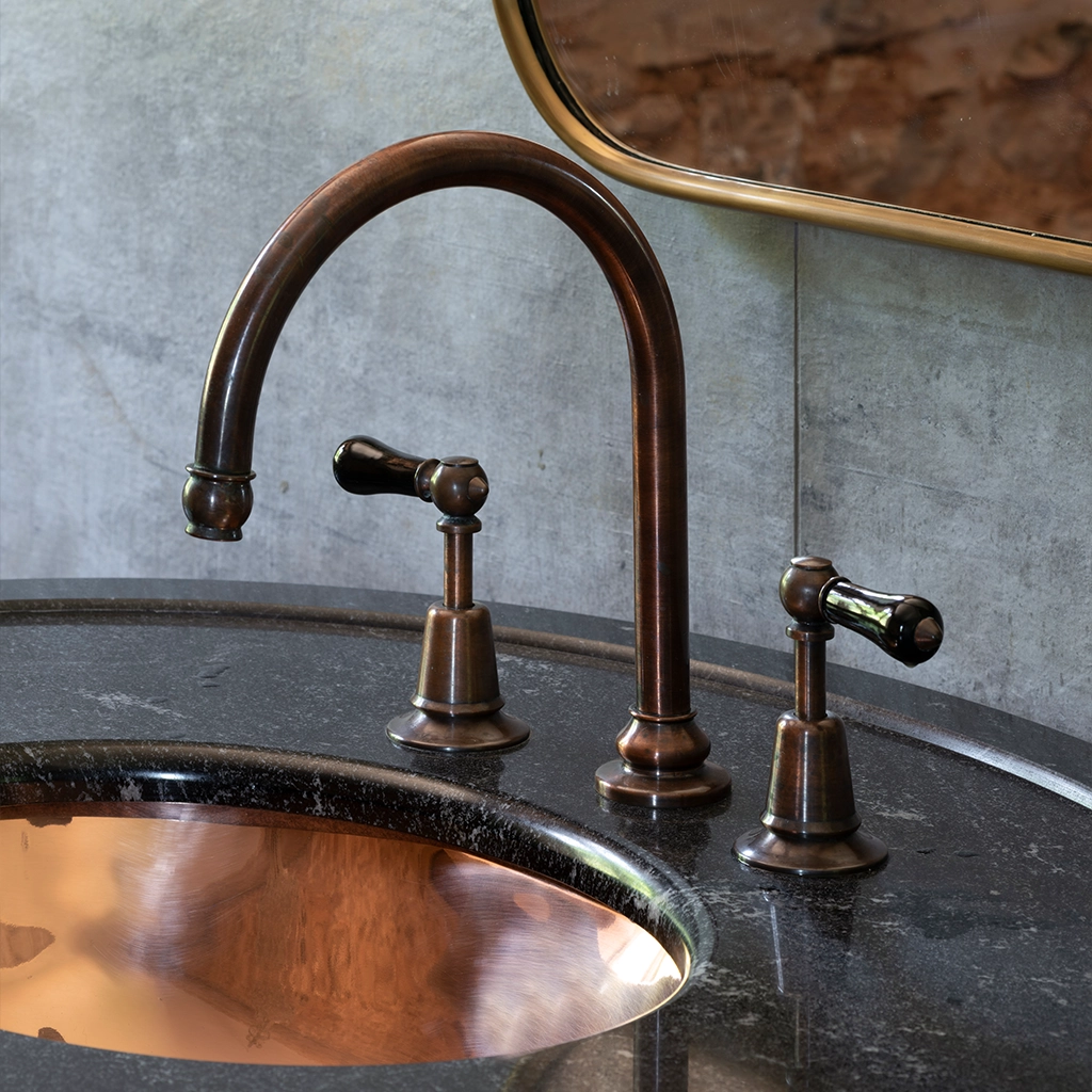 A basin mixer tap featuring our signature swan-neck spout made from solid brass with countless finish and tap-head options.