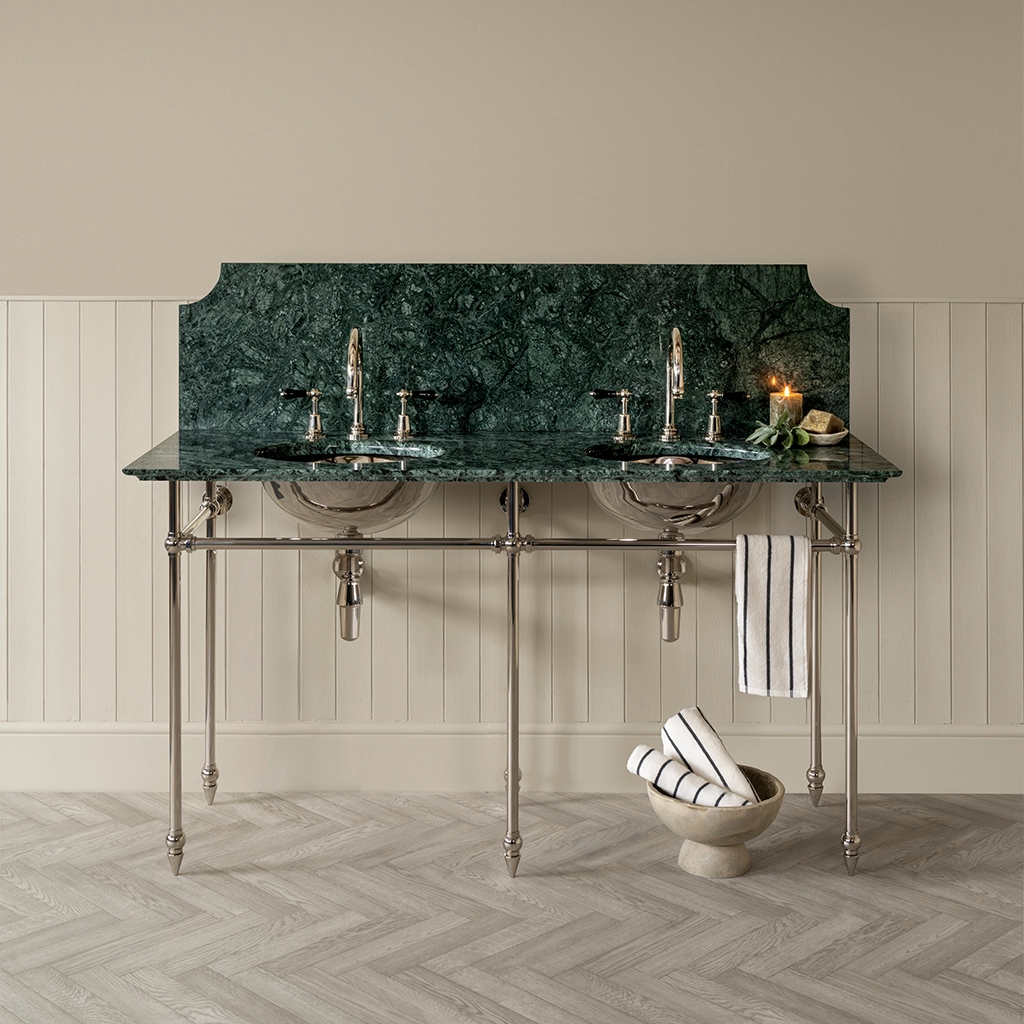 A contemporary marble-top washstand, with unforgettable design features. The Pyrford Washstand is a classic example of a truly sophisticated bathroom fixture.