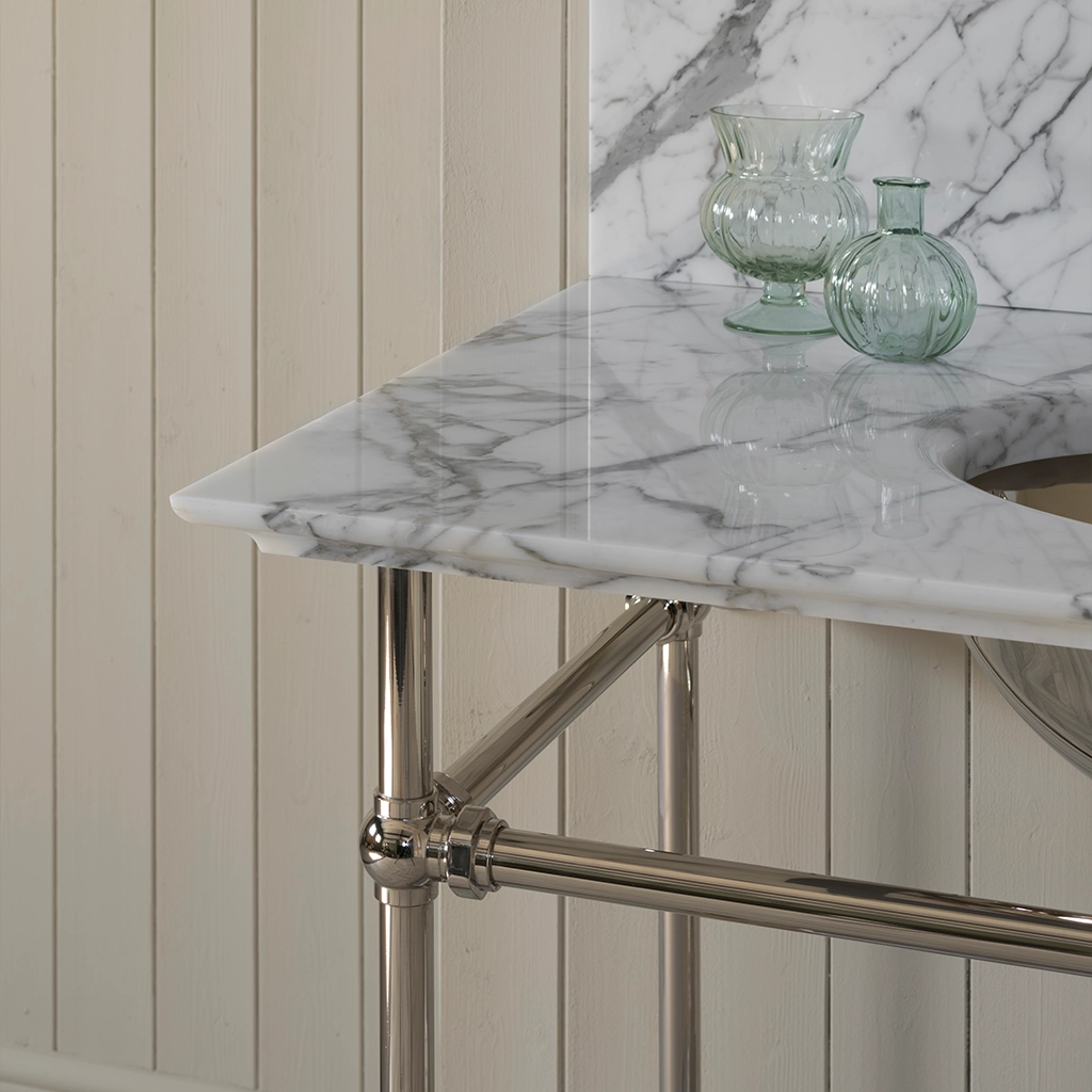 A contemporary marble-top washstand, with unforgettable design features. The Pyrford Washstand is a classic example of a truly sophisticated bathroom fixture.