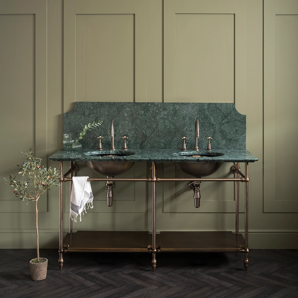 A contemporary marble-top washstand, with unforgettable design features. The Pyrford Washstand is a classic example of a truly sophisticated bathroom fixture.