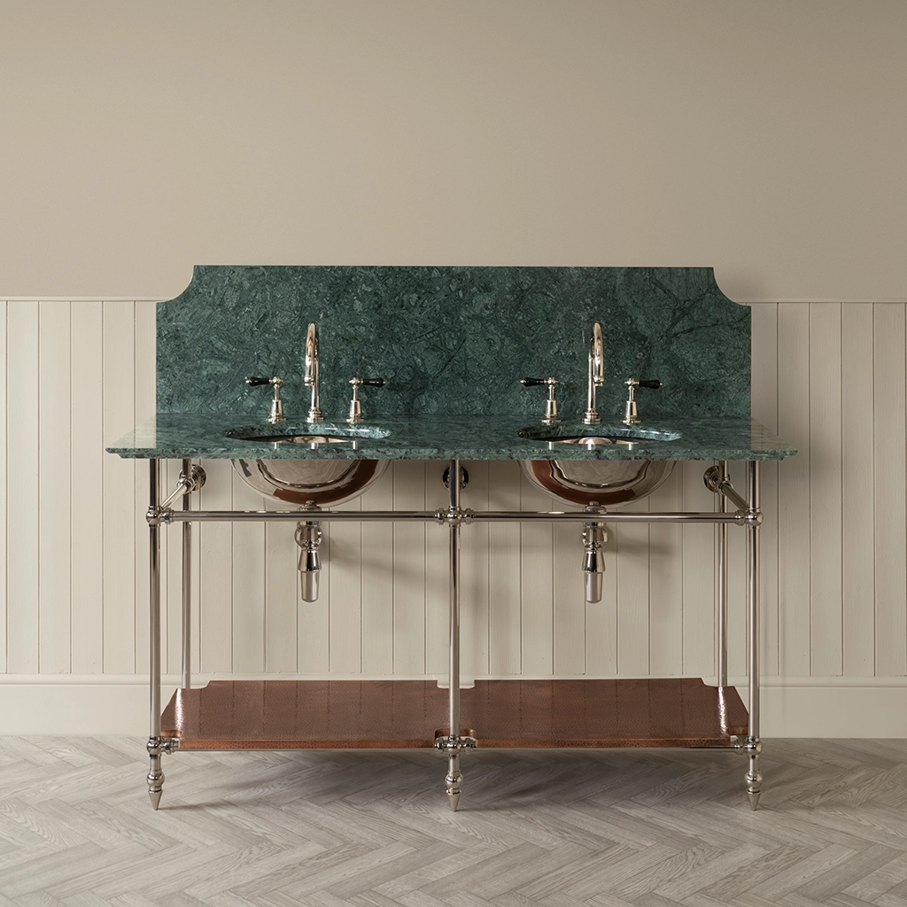 A contemporary marble-top washstand, with unforgettable design features. The Pyrford Washstand is a classic example of a truly sophisticated bathroom fixture.