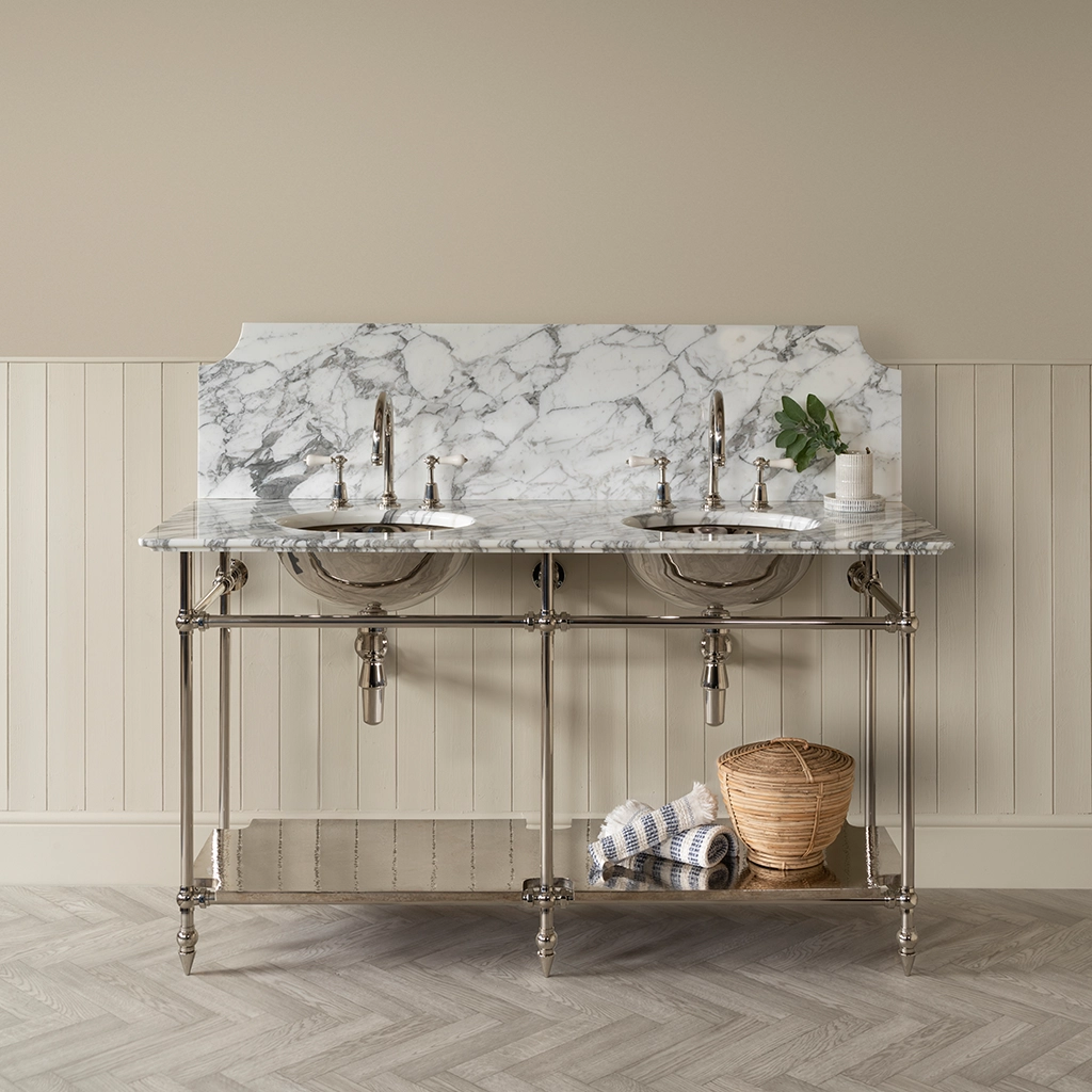 A contemporary marble-top washstand, with unforgettable design features. The Pyrford Washstand is a classic example of a truly sophisticated bathroom fixture.