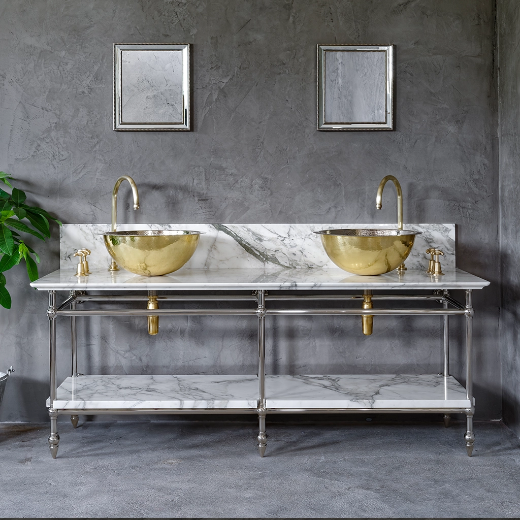 A contemporary marble-top washstand, with unforgettable design features. The Pyrford Washstand is a classic example of a truly sophisticated bathroom fixture.