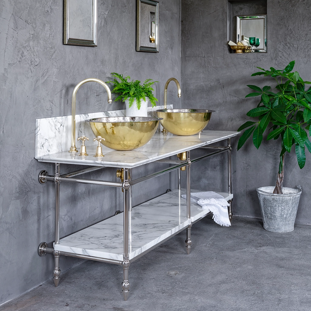 A contemporary marble-top washstand, with unforgettable design features. The Pyrford Washstand is a classic example of a truly sophisticated bathroom fixture.